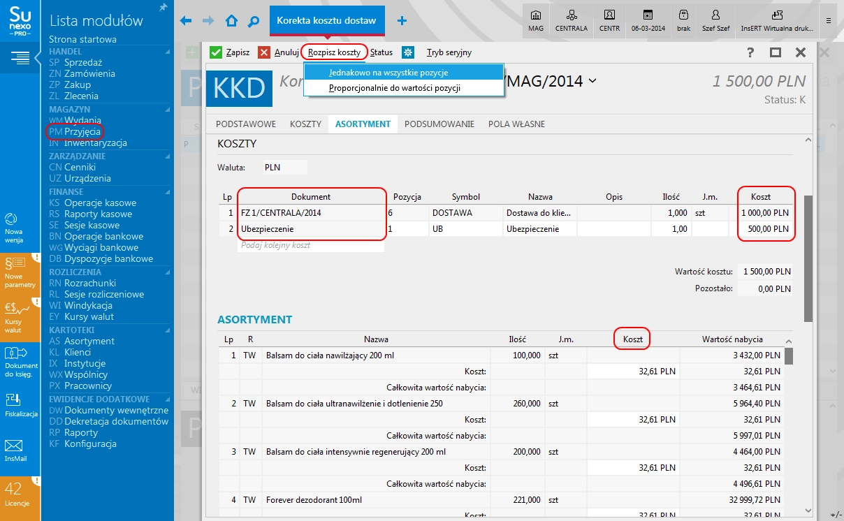 korekta kosztu dostawy Subiekt nexo PRo korekta kosztu dostawy Subiekt nexo PRo